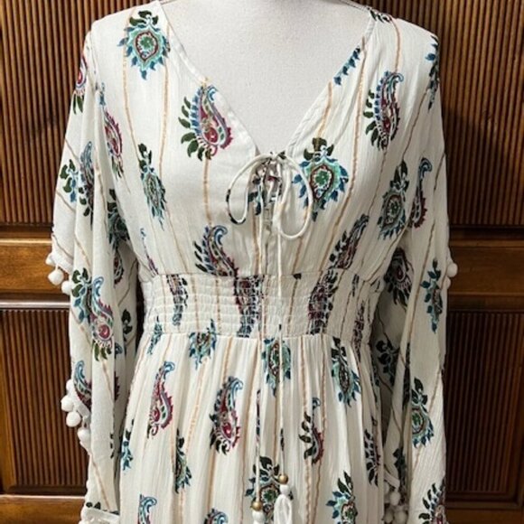 Me 2 Magic Anthropologie White Paisley Maxi Dress Pom Pom Sleeves Hippie Size M - Picture 2 of 10